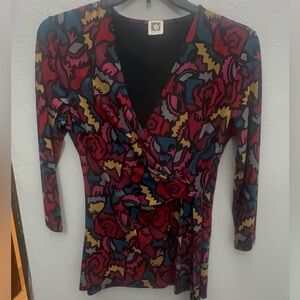Anne Klein Red Multicolor Floral-Pattern Long Sleeve Top